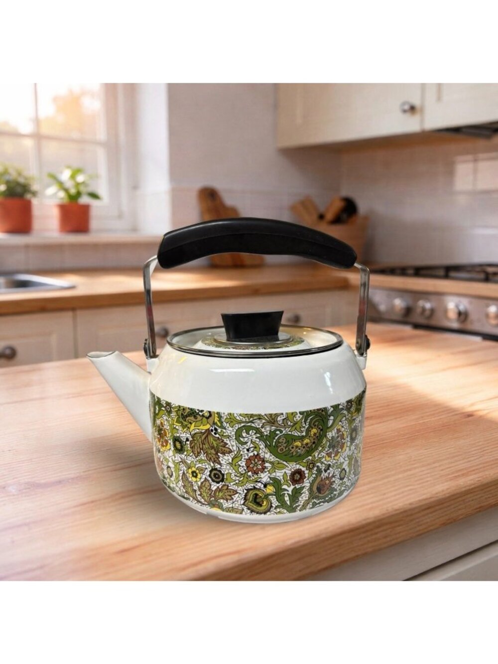 Fancipans Enamel Paisley MCM Tea Kettle Retro Stovetop